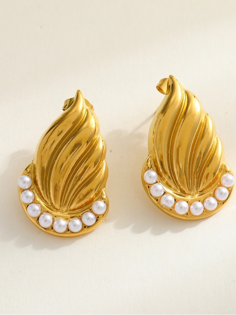 Gold Pearl Accent Sculpted Stud Earrings